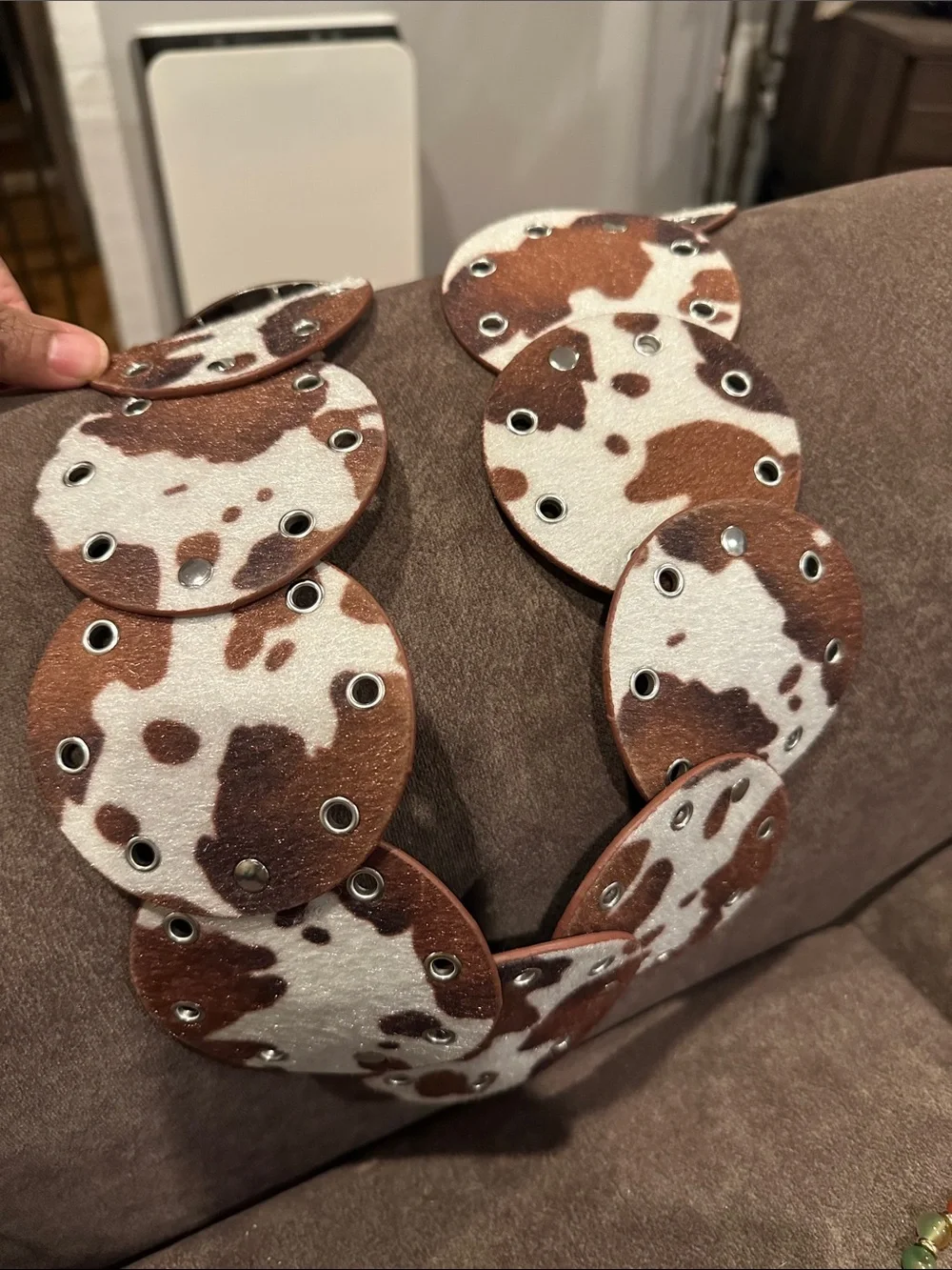 Women's Brown and White Cowhide Western Belt with Silver Decorative Buckle